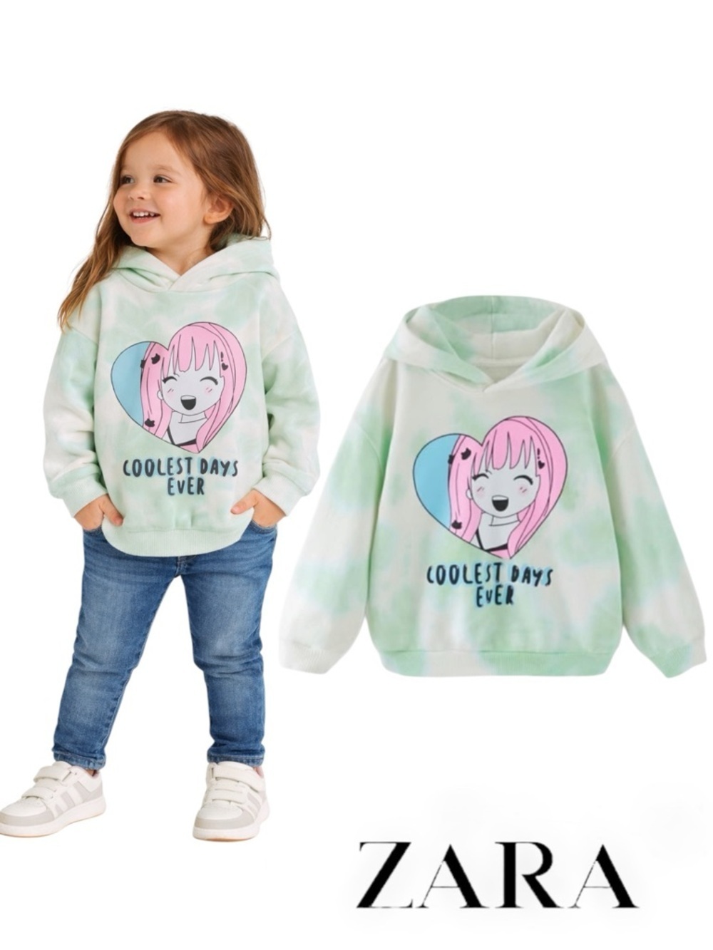 Zara Girls Green Tie Dye Anime Hoodie Sweatshirt NWT 3T 4T 5T